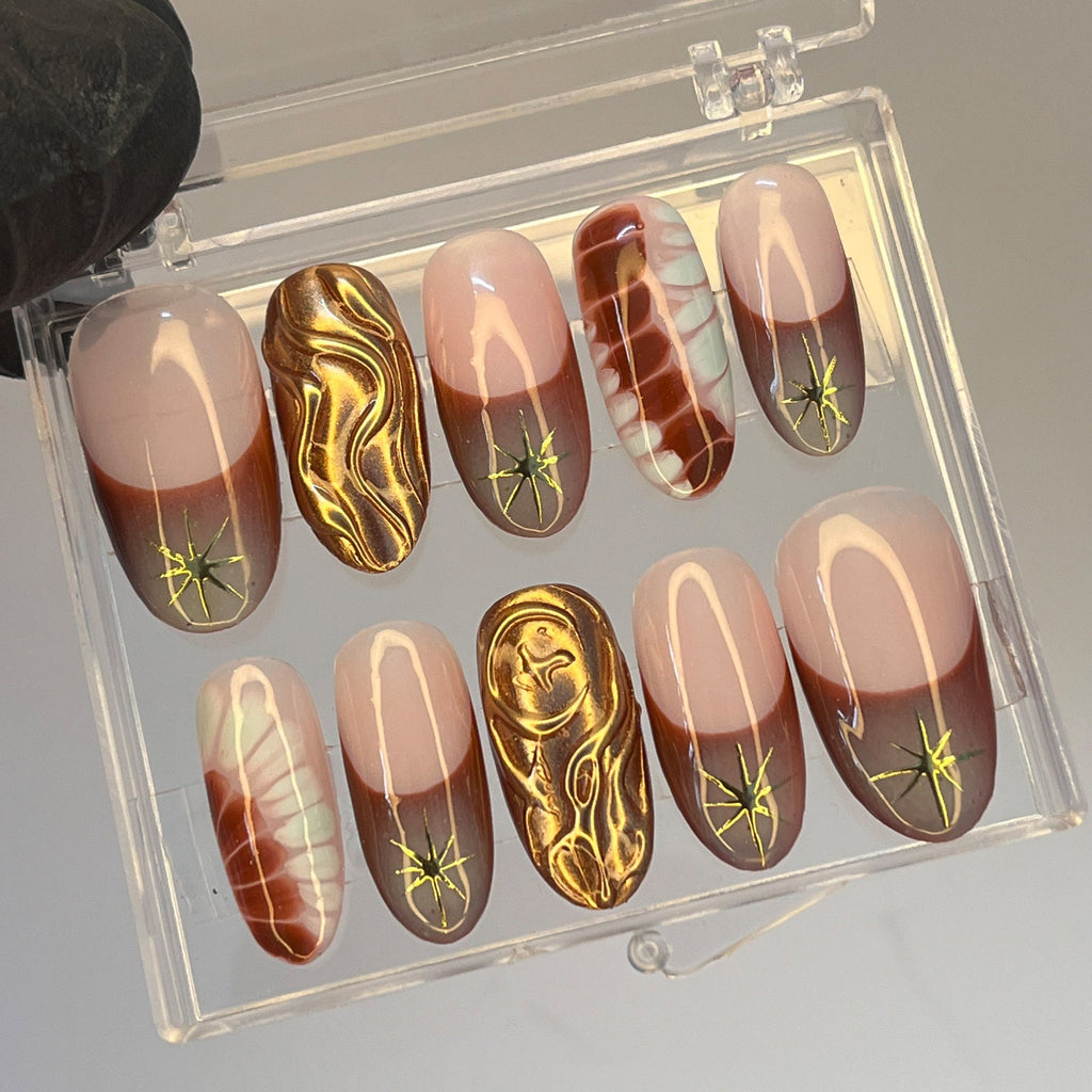 Free Style Gold Stiletto Press On Nails, Custom French Tip Fake Nails, Elegant Nails Art for Birthday Party