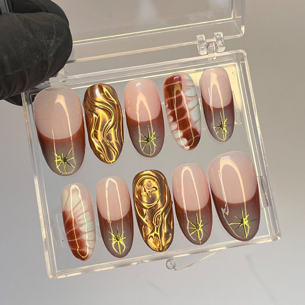Free Style Gold Stiletto Press On Nails, Custom French Tip Fake Nails, Elegant Nails Art for Birthday Party