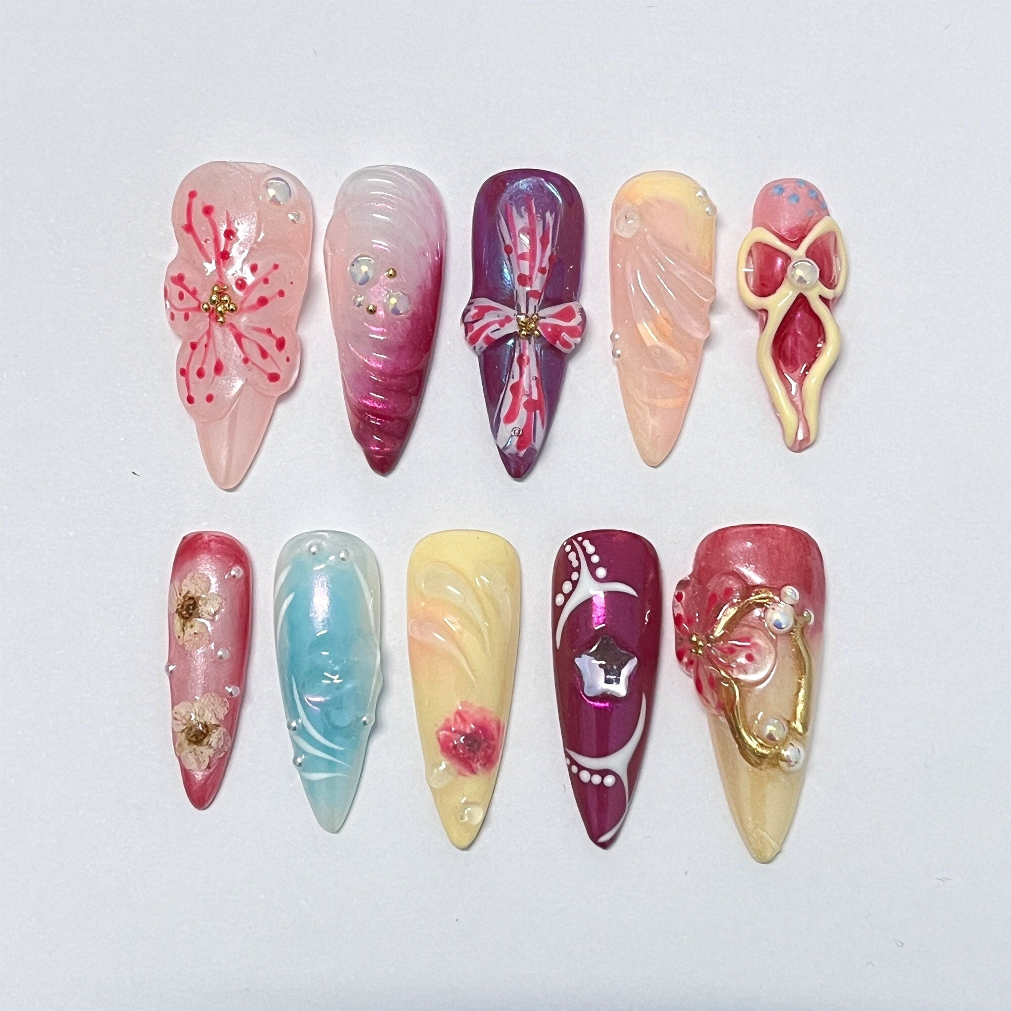 3D Dry Orchard Flower Long Almond Press On Nail, Custom Handpainted Acrylic Spring Fake/False Nail, Floral Nails