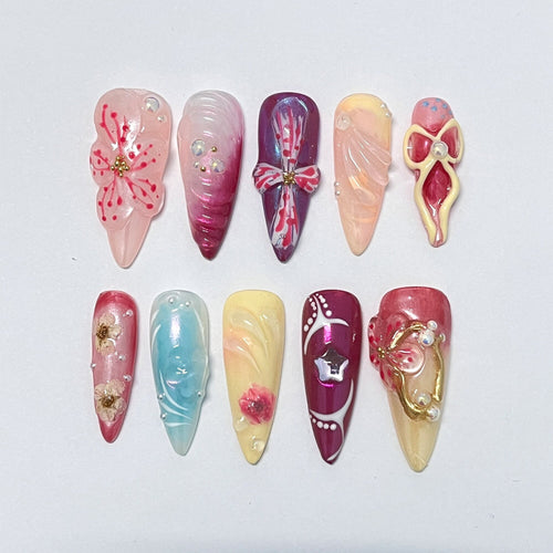3D Dry Orchard Flower Long Almond Press On Nail, Custom Handpainted Acrylic Spring Fake/False Nail, Floral Nails