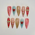 Chic Almond-Shaped Press-On Nails with Elegant Red Heart and French Tip Cross Design - Perfect for Holidays, Vacations, or Gifts for Her