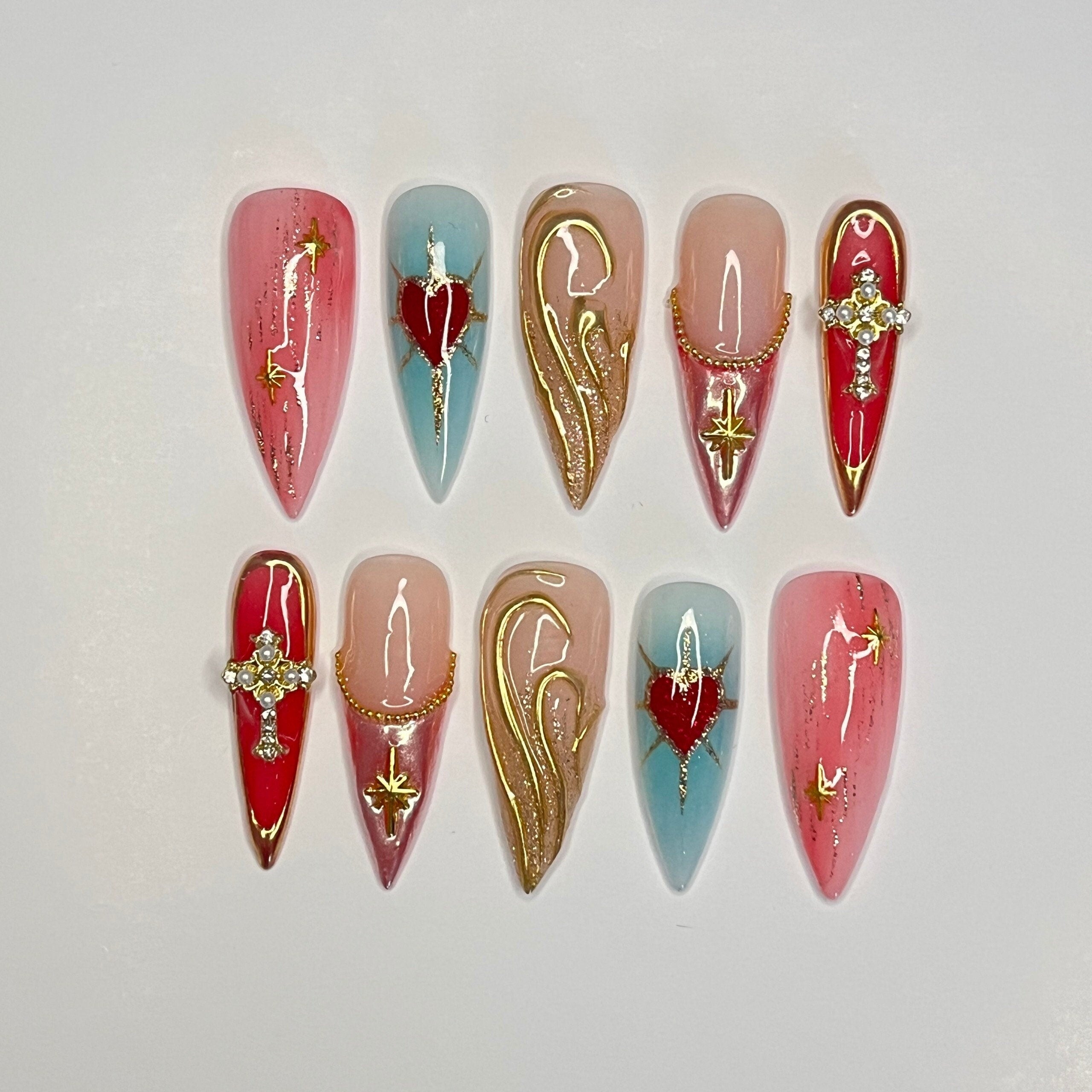 Chic Almond-Shaped Press-On Nails with Elegant Red Heart and French Tip Cross Design - Perfect for Holidays, Vacations, or Gifts for Her