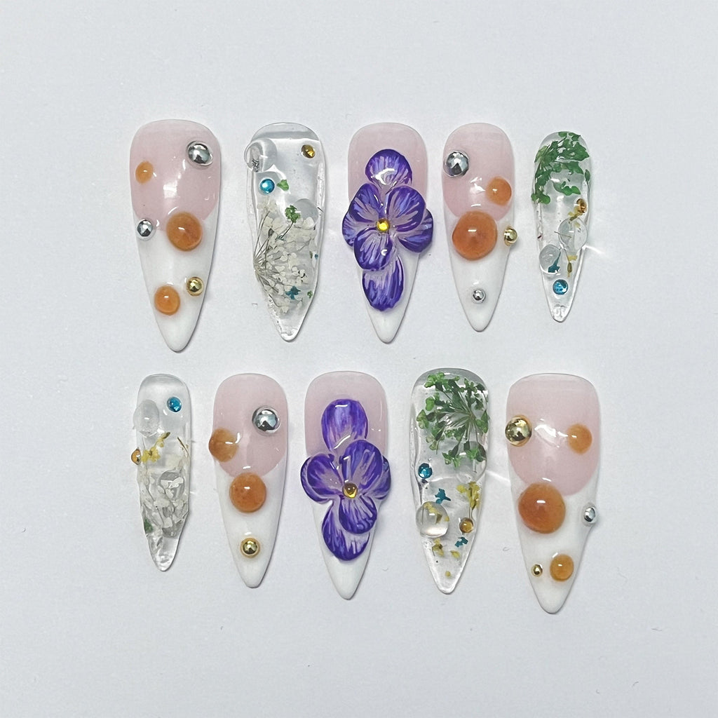 3D Dry Orchard Flower Long Almond Press On Nail, Custom Handpainted Acrylic Spring Fake/False Nail, Floral Nails