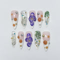 3D Dry Orchard Flower Long Almond Press On Nail, Custom Handpainted Acrylic Spring Fake/False Nail, Floral Nails