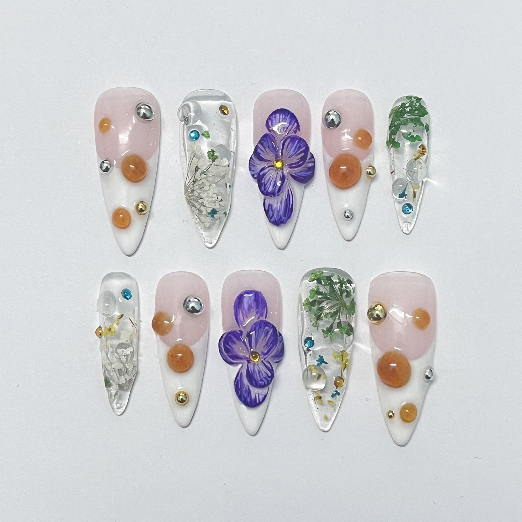 3D Dry Orchard Flower Long Almond Press On Nail, Custom Handpainted Acrylic Spring Fake/False Nail, Floral Nails