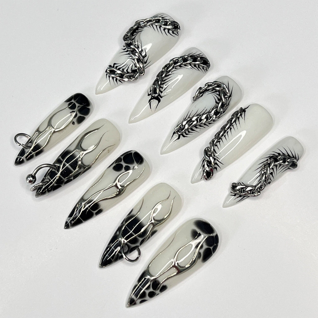 Silver Reptiles & Black Blooming on White Long Stiletto Press On Nails, Handpainted Luxury Acrylic Gothic/Goth Fake Nails, Emo Y2K Style