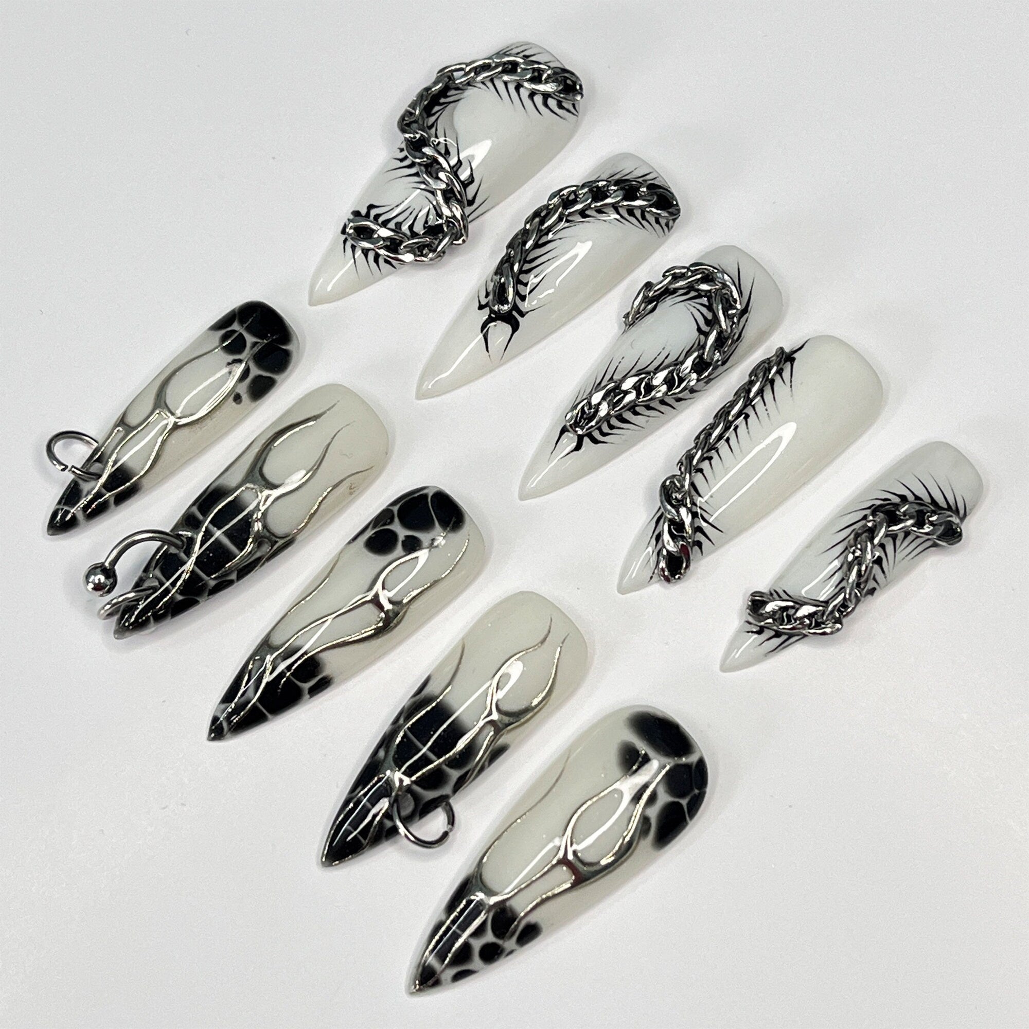 Silver Reptiles & Black Blooming on White Long Stiletto Press On Nails, Handpainted Luxury Acrylic Gothic/Goth Fake Nails, Emo Y2K Style