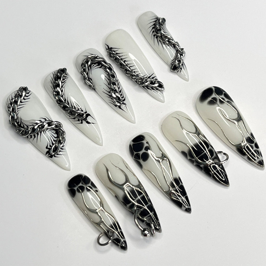 Silver Reptiles & Black Blooming on White Long Stiletto Press On Nails, Handpainted Luxury Acrylic Gothic/Goth Fake Nails, Emo Y2K Style