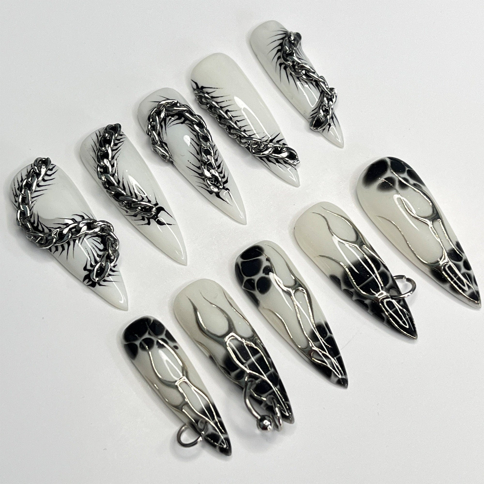 Silver Reptiles & Black Blooming on White Long Stiletto Press On Nails, Handpainted Luxury Acrylic Gothic/Goth Fake Nails, Emo Y2K Style