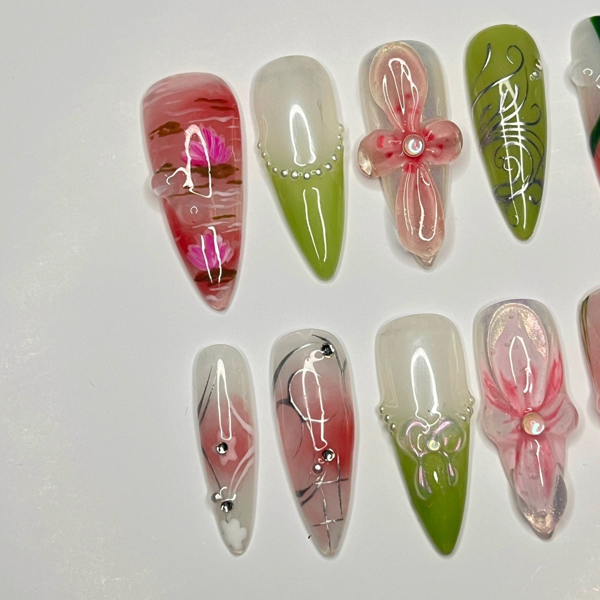 Painting Flower Long Almond Press On Nail, Custom Handpainted Acrylic Spring Fake/False Nail, Floral Nails