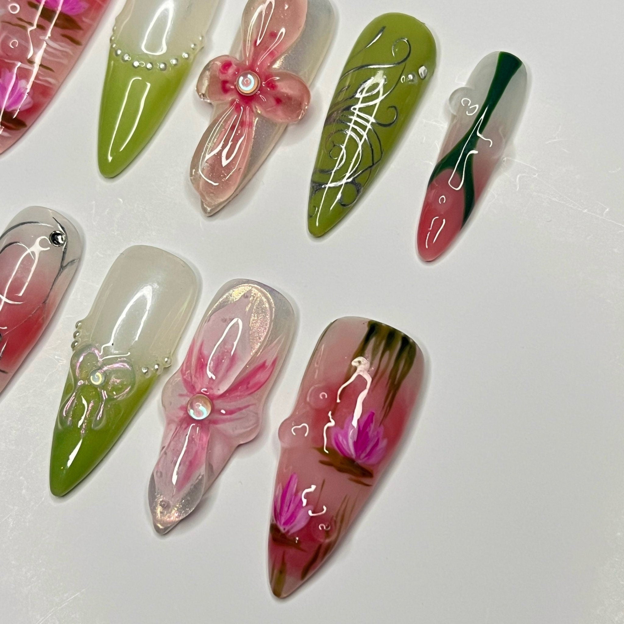 Painting Flower Long Almond Press On Nail, Custom Handpainted Acrylic Spring Fake/False Nail, Floral Nails
