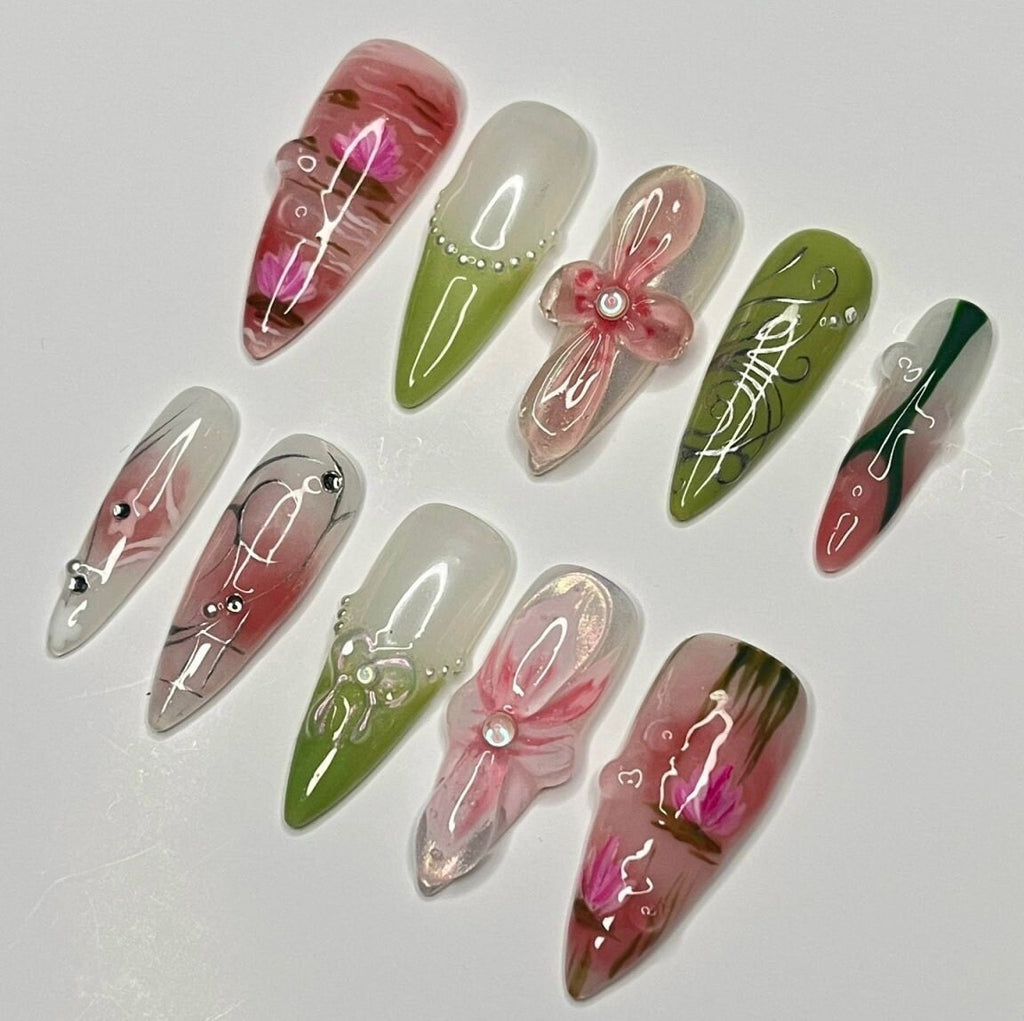 Painting Flower Long Almond Press On Nail, Custom Handpainted Acrylic Spring Fake/False Nail, Floral Nails
