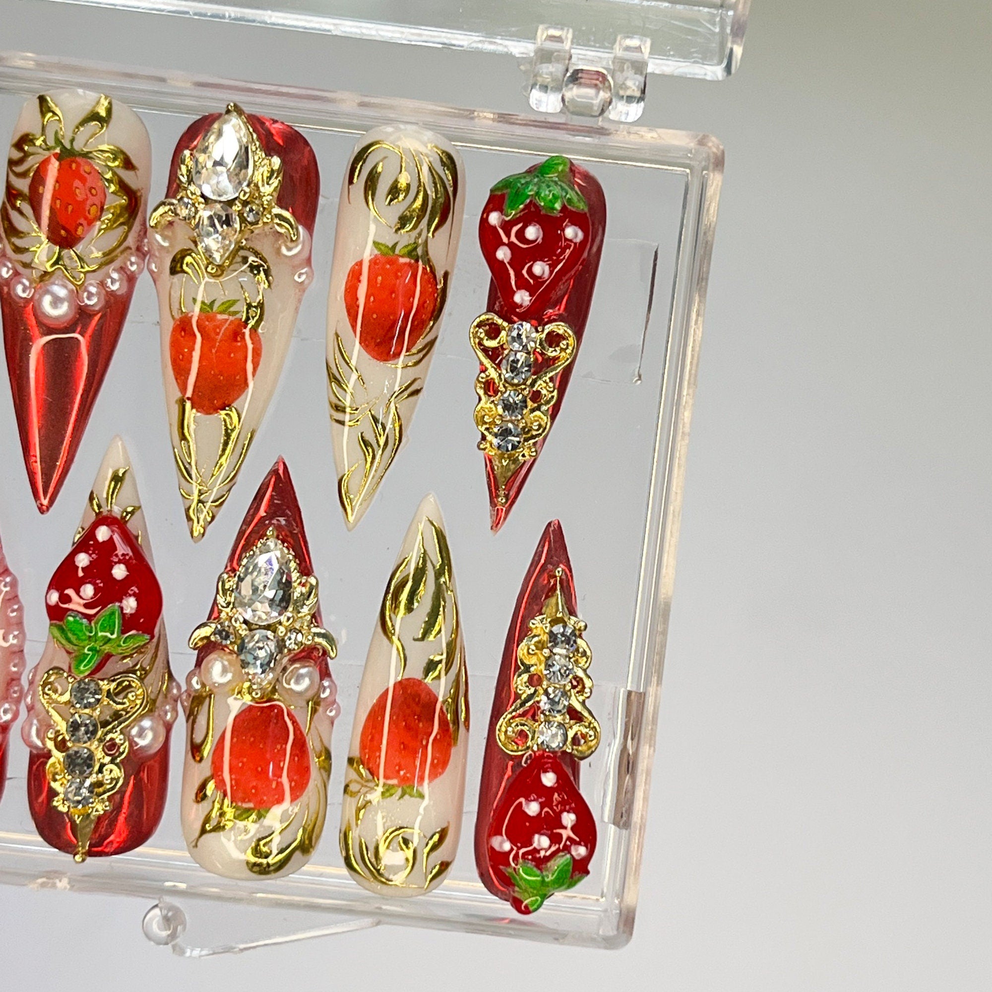 Strawberry Royal Long Stiletto Press On Nails, Handpainted Fake/False Nail, Event Birthday PromHoliday Nails Art