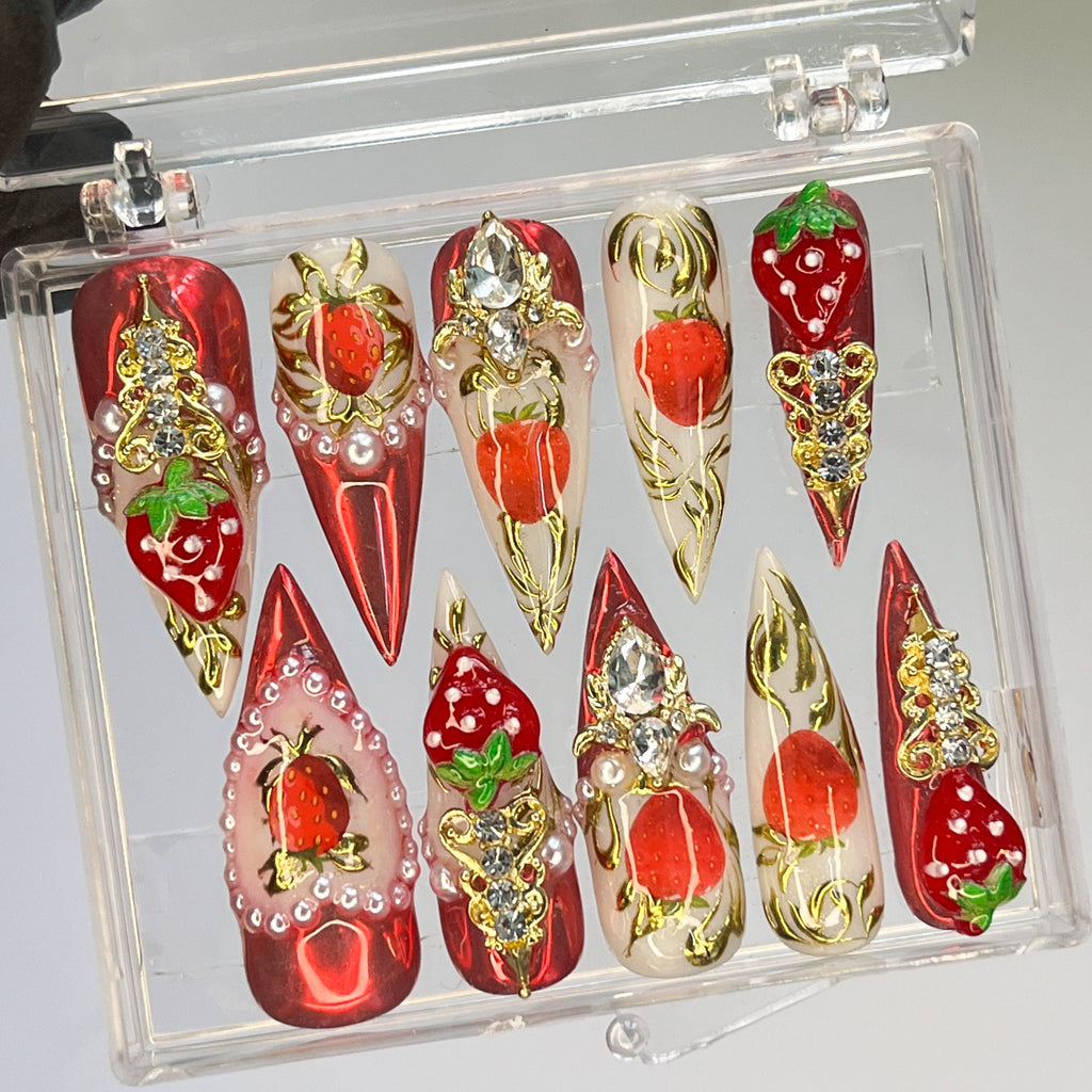 Strawberry Royal Long Stiletto Press On Nails, Handpainted Fake/False Nail, Event Birthday PromHoliday Nails Art