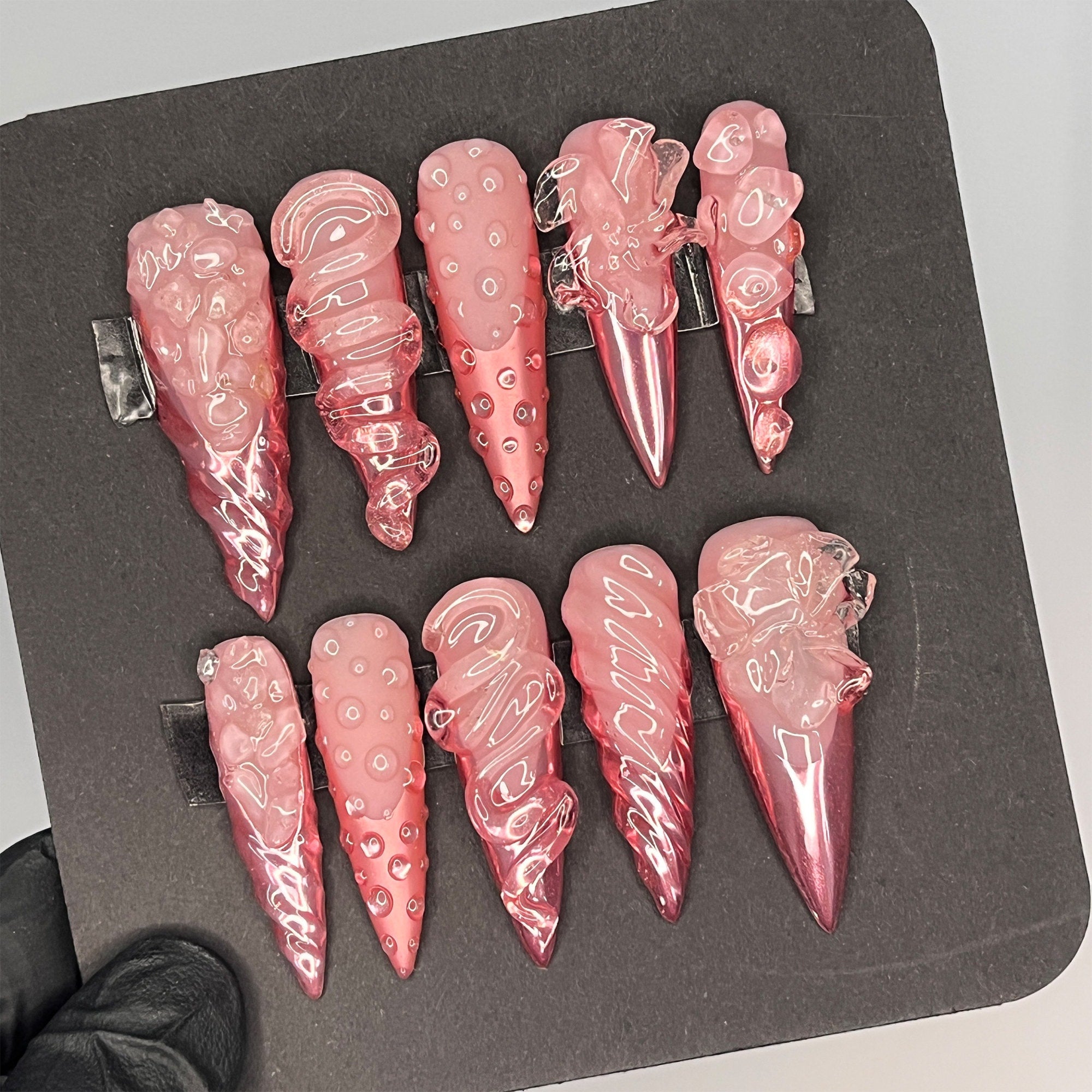 Pink Chrome French Tip 3D Gel XL Stiletto Press On Nails, Handpainted Fake/False Nail, Event/Birthday/Prom/Holiday Nails Art