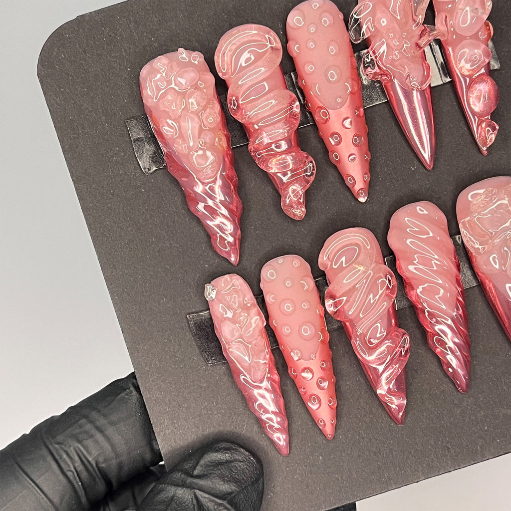 Pink Chrome French Tip 3D Gel XL Stiletto Press On Nails, Handpainted Fake/False Nail, Event/Birthday/Prom/Holiday Nails Art