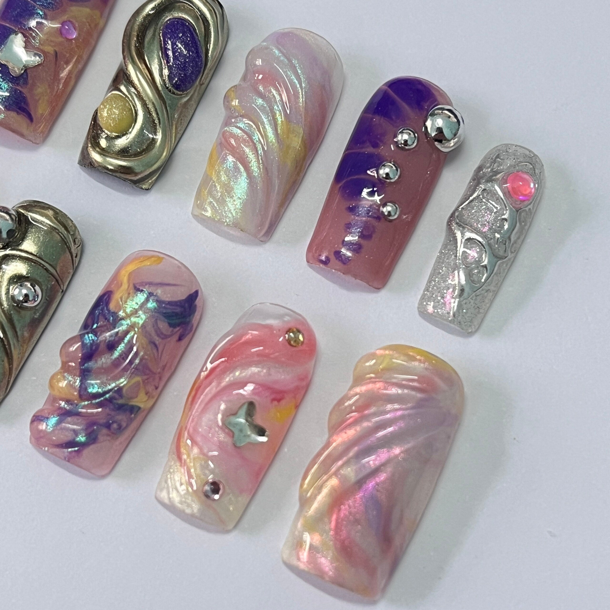 Vibrant Medium Square Press On Nail, Holiday Nail, Fake Nail, Glue on Nail, Luxury Y2K Nail for Birthday Holiday Event