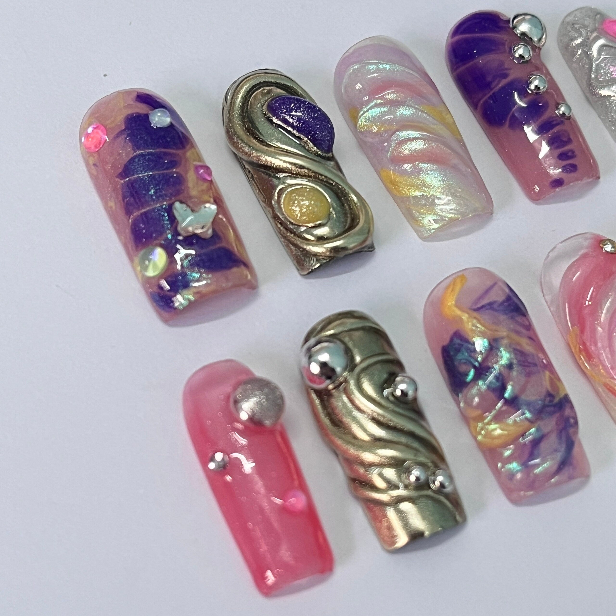 Vibrant Medium Square Press On Nail, Holiday Nail, Fake Nail, Glue on Nail, Luxury Y2K Nail for Birthday Holiday Event