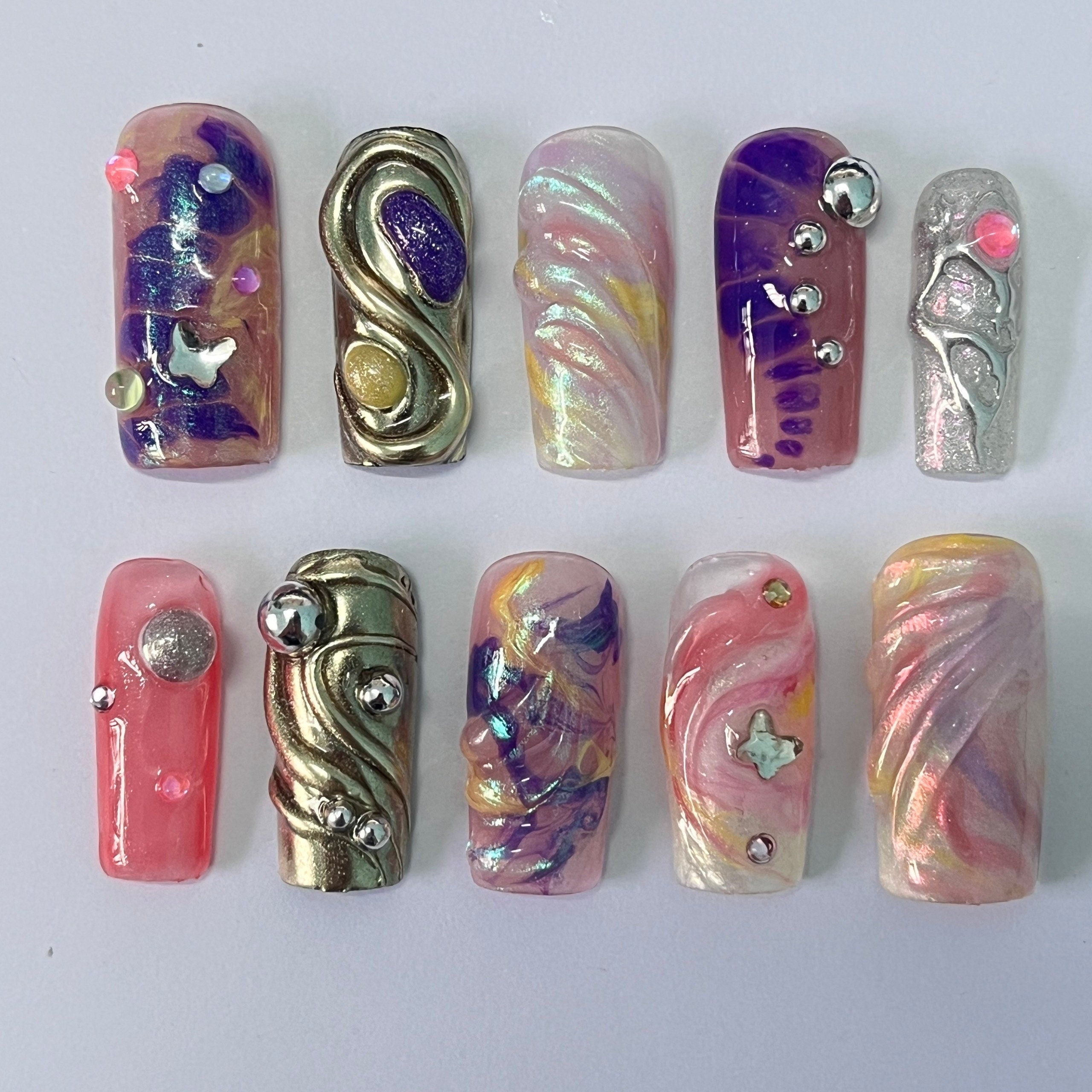 Vibrant Medium Square Press On Nail, Holiday Nail, Fake Nail, Glue on Nail, Luxury Y2K Nail for Birthday Holiday Event