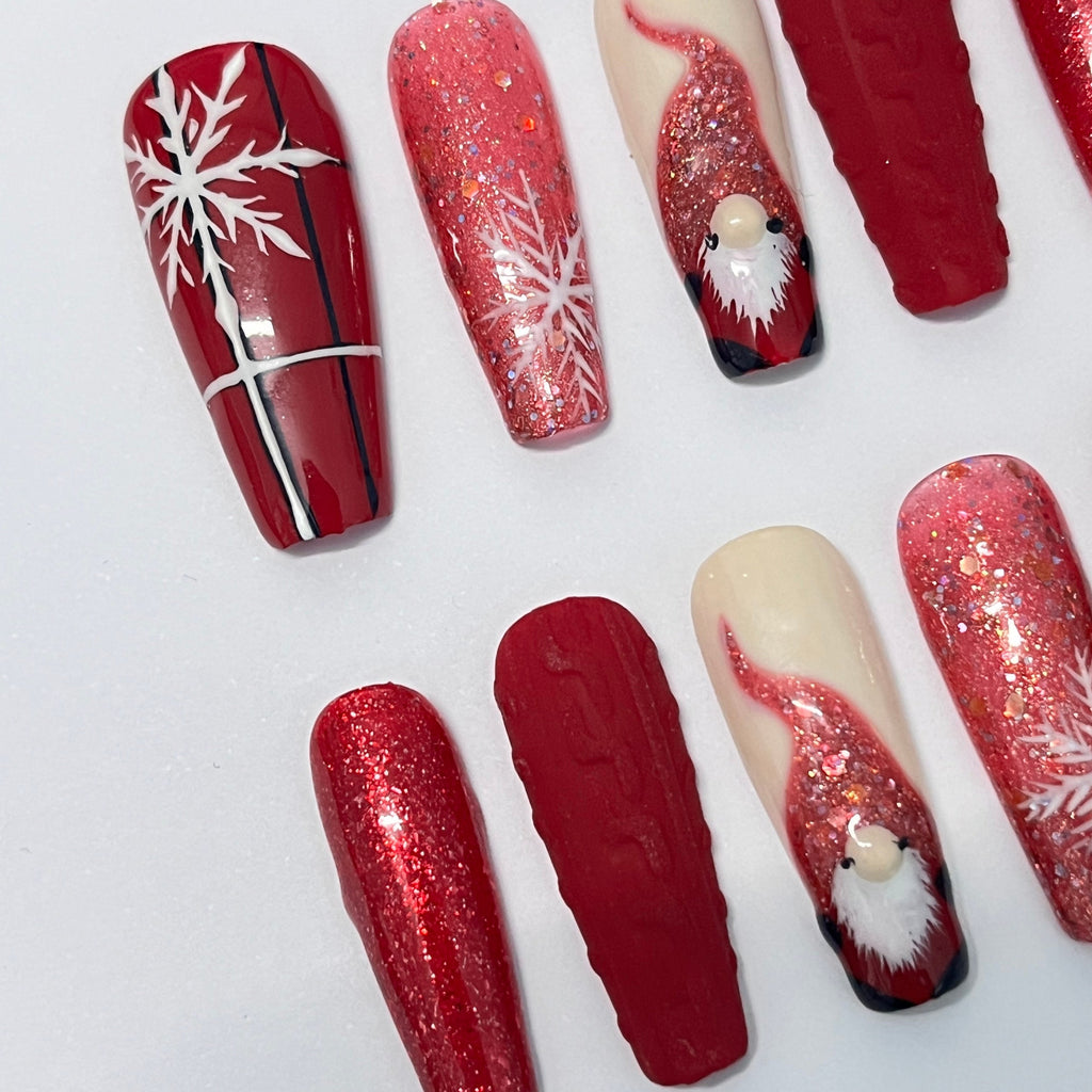 Red and White Coffin Press-On Nails | Festive Christmas Holiday Design | Custom Luxury Nail Art | Handmade False Nail Set