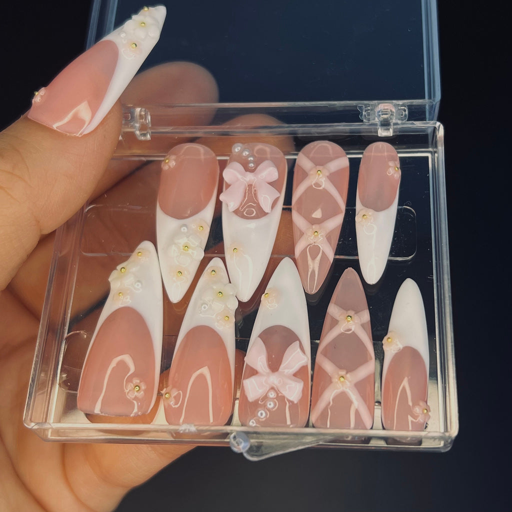 Blush Pink Ballerina 3D Gel Long Stiletto Press On Nails, Cute Design Fake Nails, Elegance Nail Art for Birthday, Holiday, Party, Event