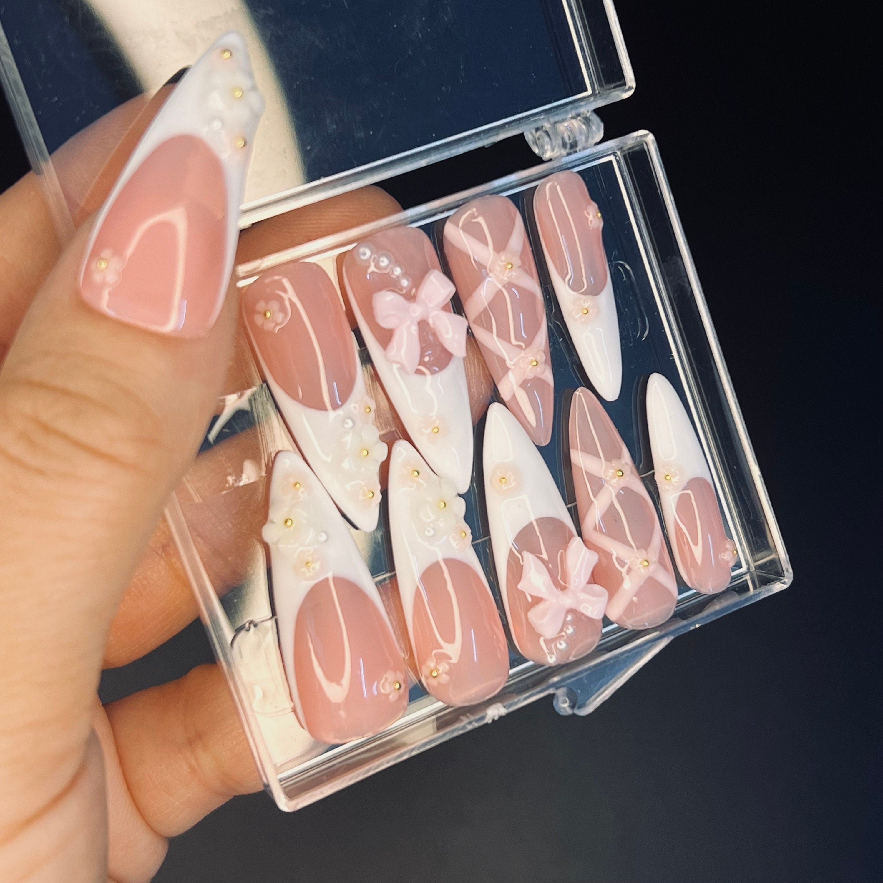 Blush Pink Ballerina 3D Gel Long Stiletto Press On Nails, Cute Design Fake Nails, Elegance Nail Art for Birthday, Holiday, Party, Event