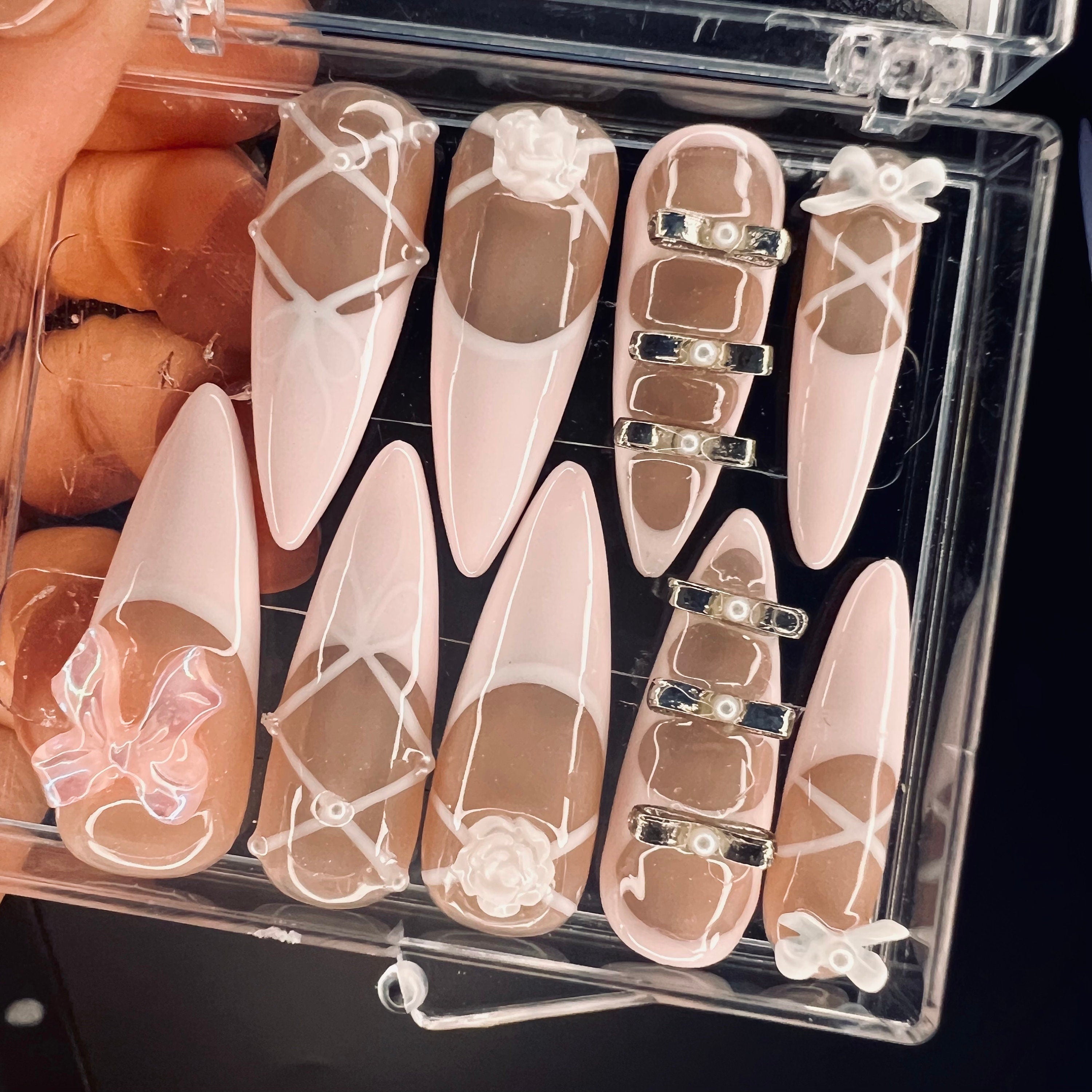 Blush Pink Ballerina 3D Gel Long Stiletto Press On Nails, Cute Design Fake Nails, Elegance Nail Art for Birthday, Holiday, Party, Event