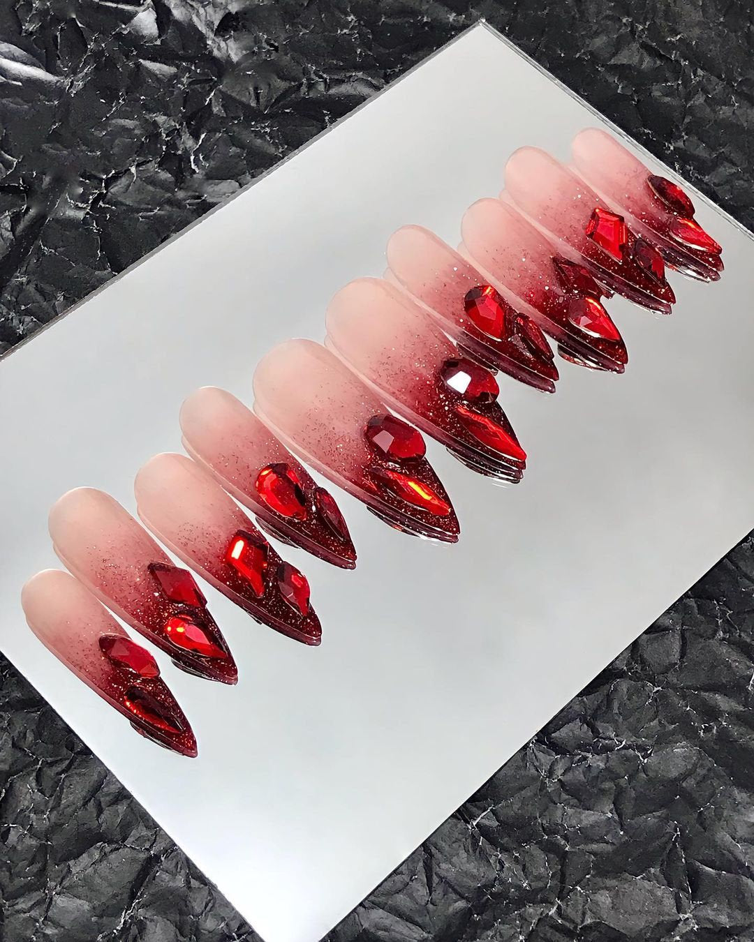 Red French Tip with Crystal Bling On Pink Ombre Long Stiletto Press On Nails, Luxury Handmade Acrylic Fake Nails, Birthday Xmas Holiday Nail
