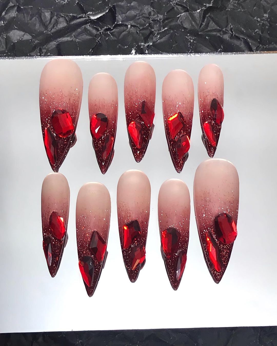Red French Tip with Crystal Bling On Pink Ombre Long Stiletto Press On Nails, Luxury Handmade Acrylic Fake Nails, Birthday Xmas Holiday Nail