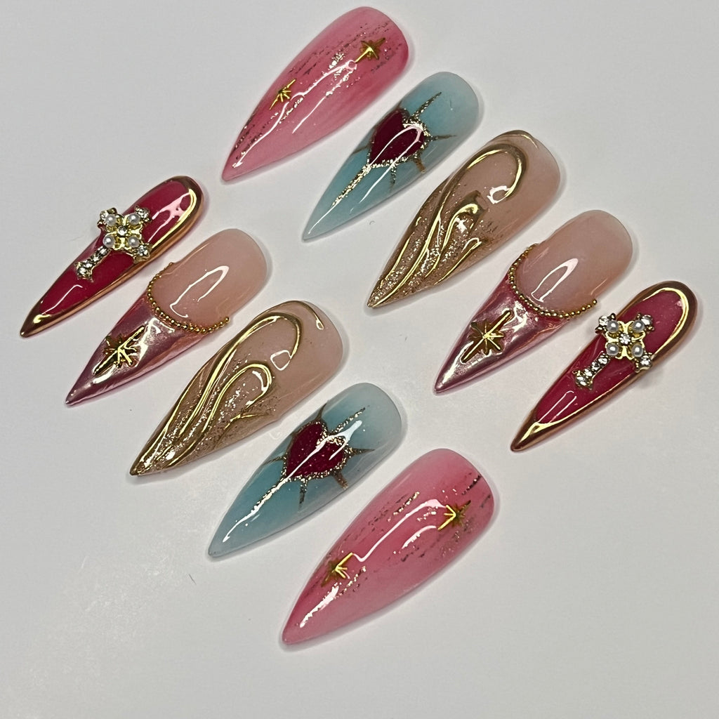Chic Almond-Shaped Press-On Nails with Elegant Red Heart and French Tip Cross Design - Perfect for Holidays, Vacations, or Gifts for Her