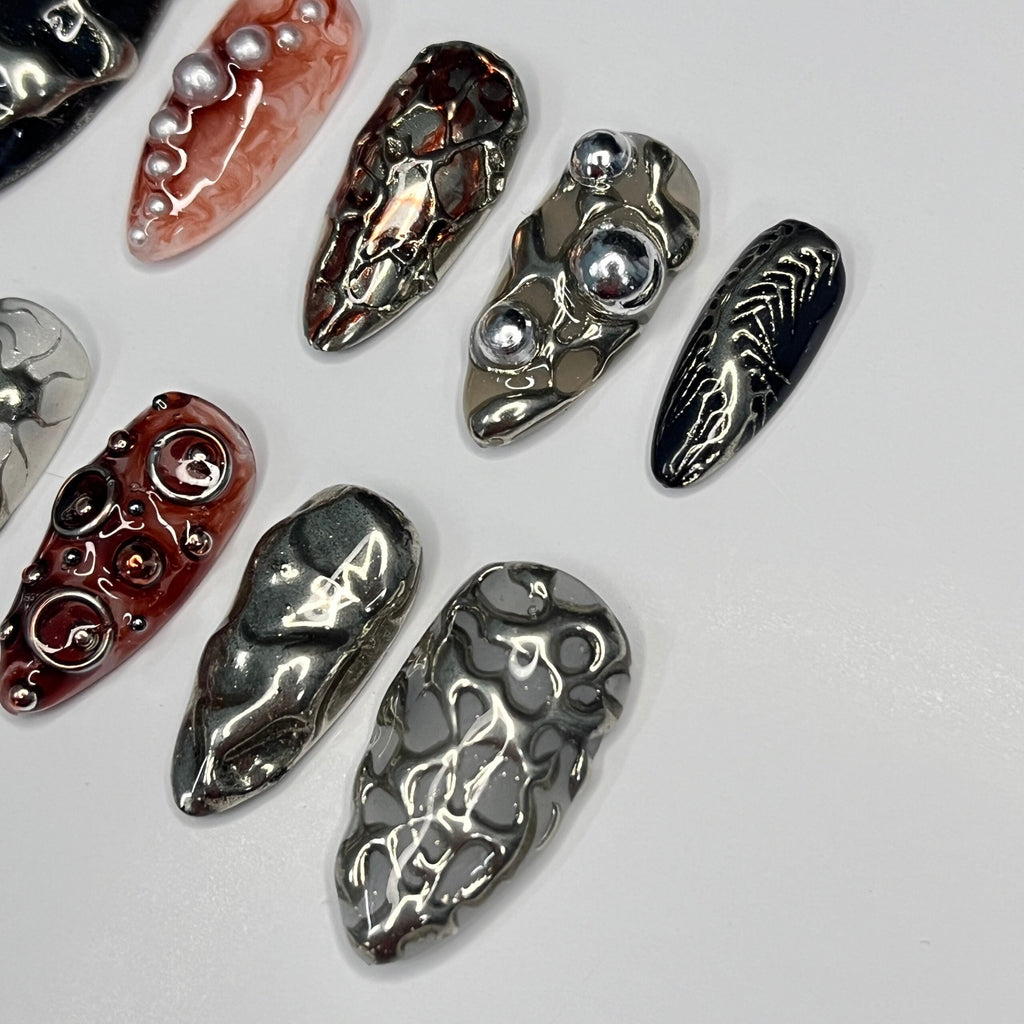 Freestyle 3D Almond Press On Nails, Metallic Chrome Goth Nails Art, Gothic Emo Style Press Ons for Birthday Event Holiday