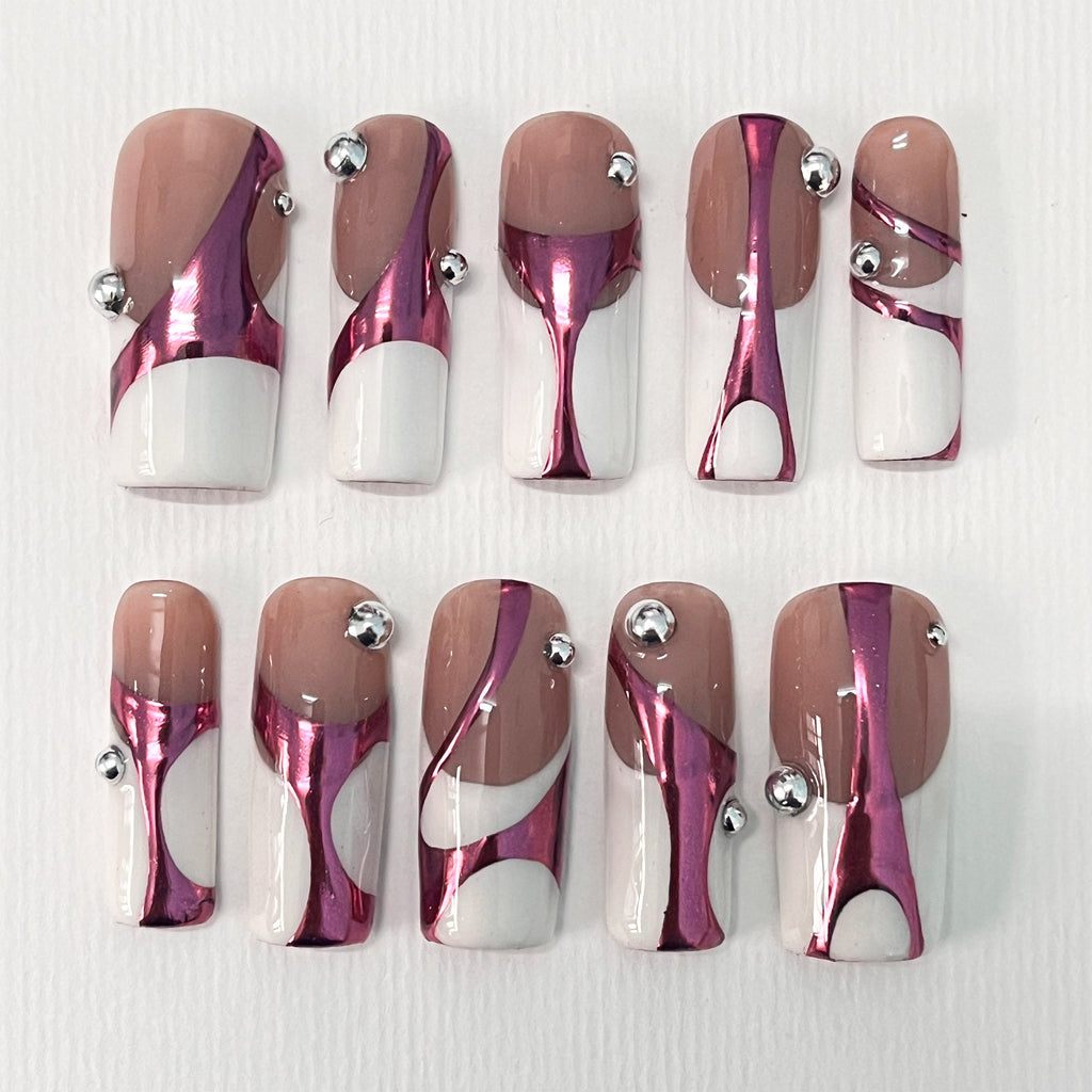 Handpainted White French Tip Pink Chrome Long Square Press On Nails - Luxury Nail Art for Prom, Events, and Birthdays