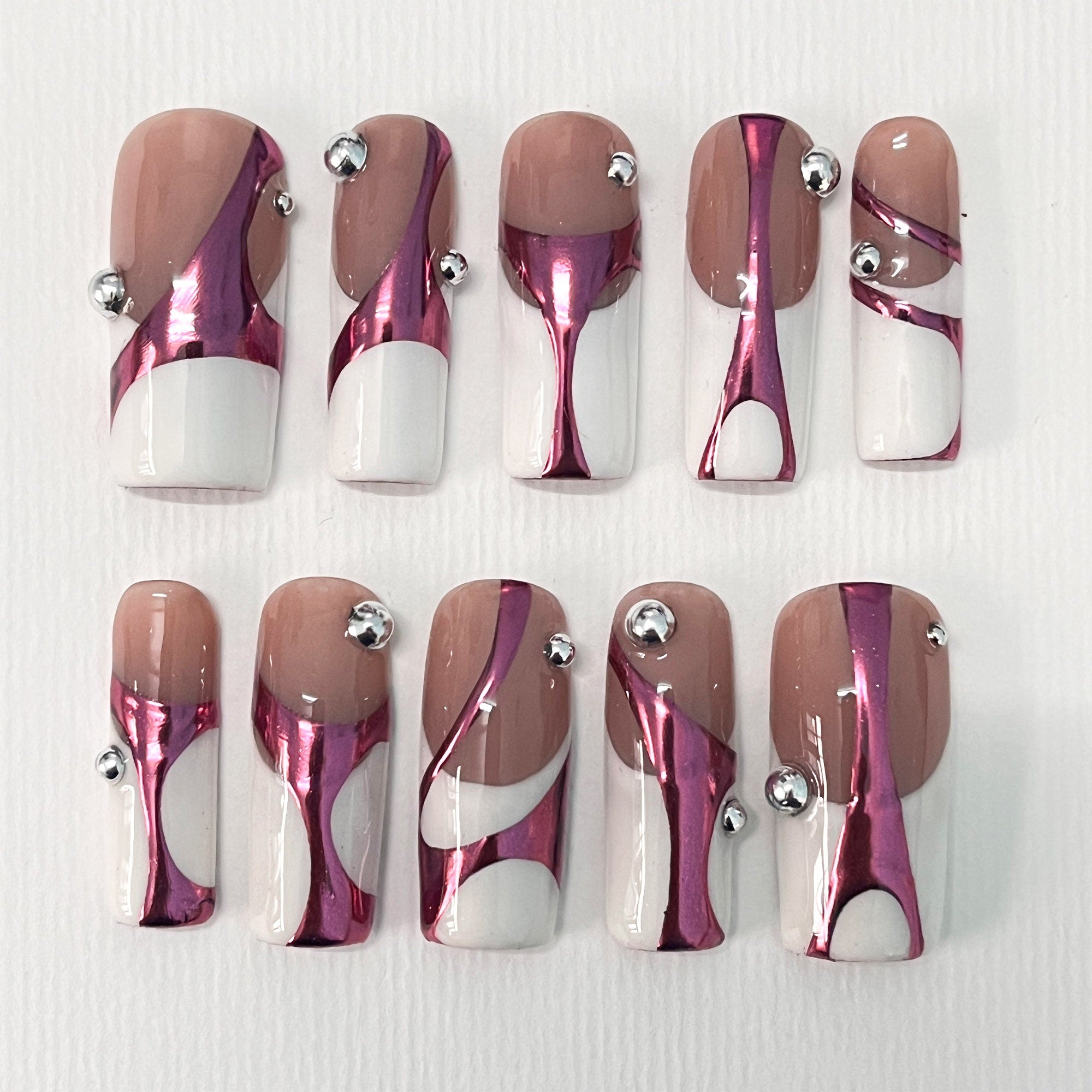 Handpainted White French Tip Pink Chrome Long Square Press On Nails - Luxury Nail Art for Prom, Events, and Birthdays