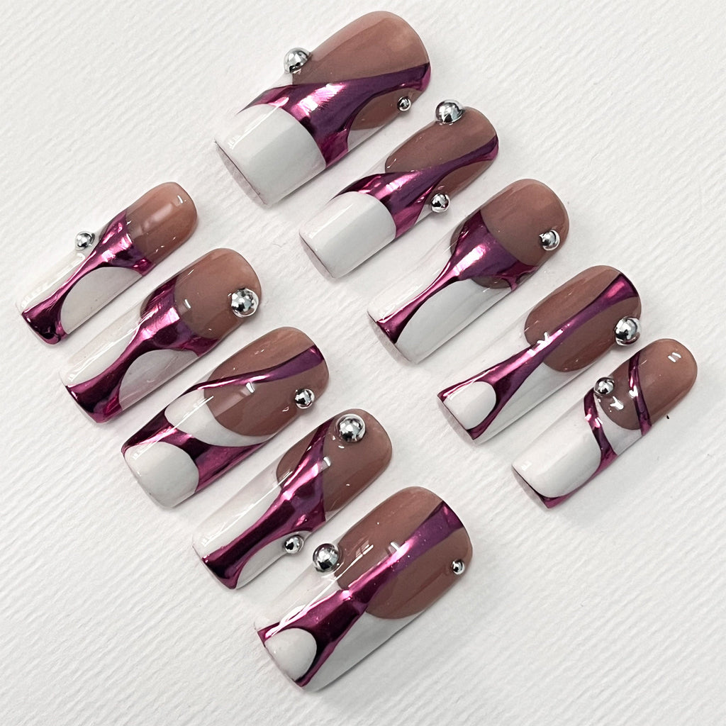 Handpainted White French Tip Pink Chrome Long Square Press On Nails - Luxury Nail Art for Prom, Events, and Birthdays