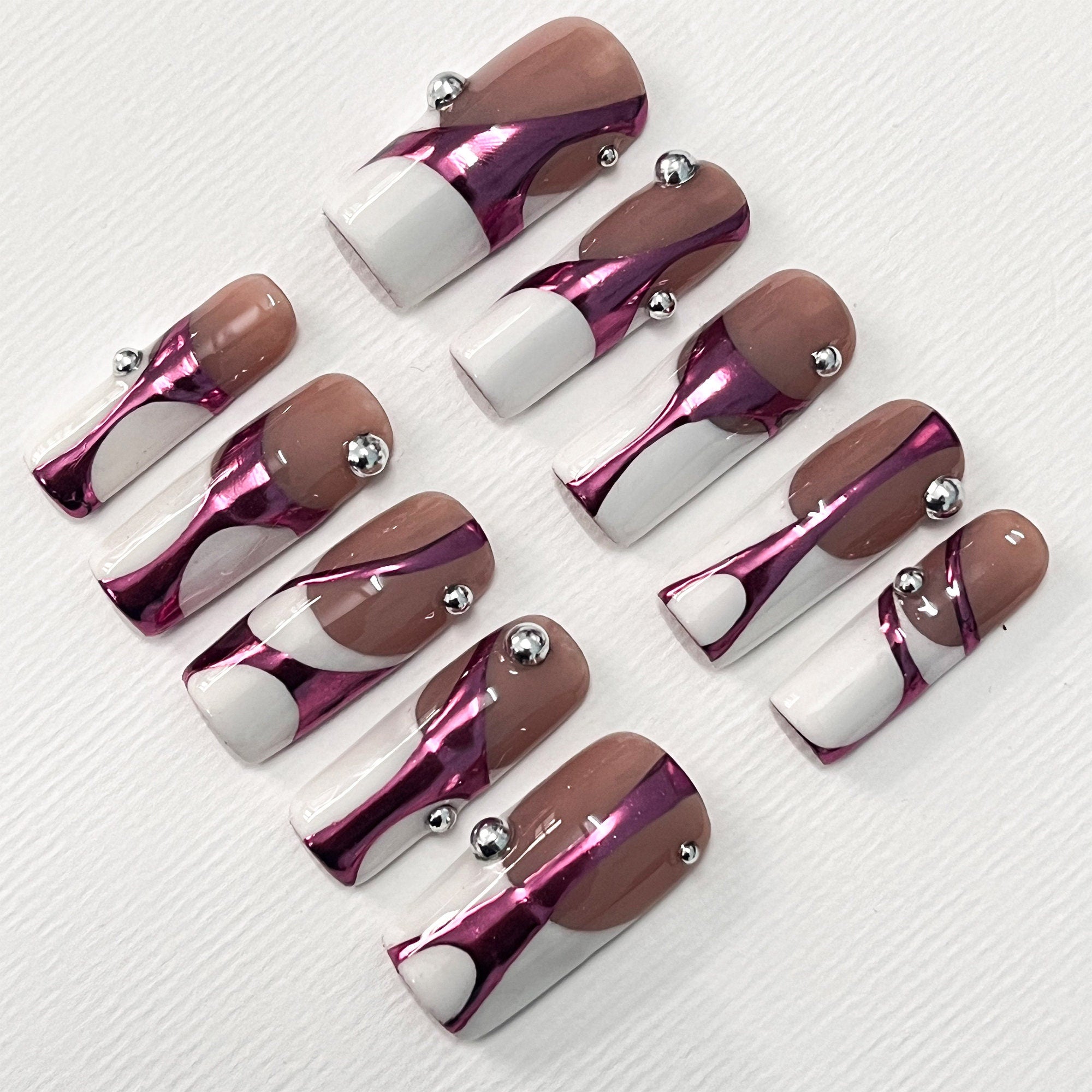 Handpainted White French Tip Pink Chrome Long Square Press On Nails - Luxury Nail Art for Prom, Events, and Birthdays