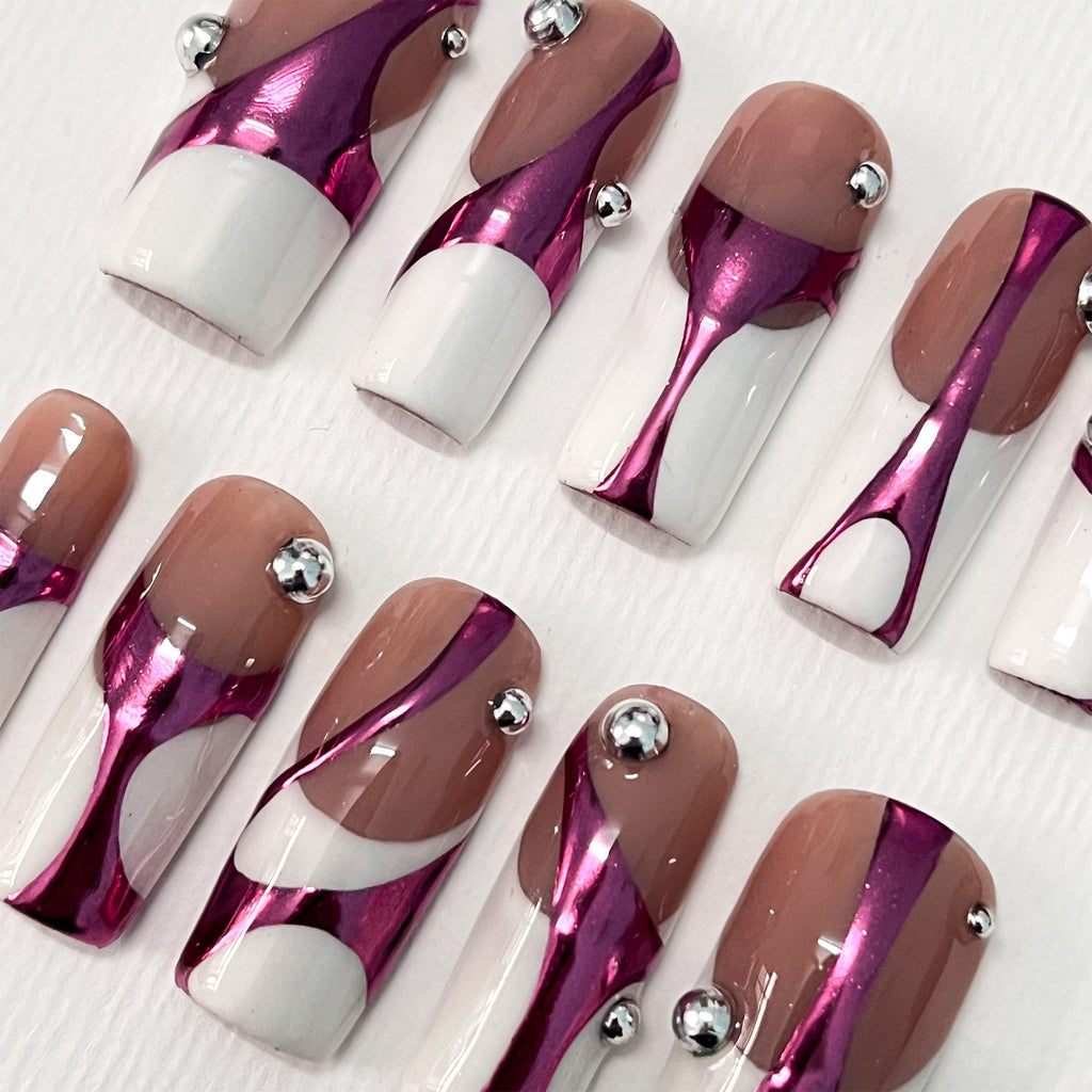 Handpainted White French Tip Pink Chrome Long Square Press On Nails - Luxury Nail Art for Prom, Events, and Birthdays