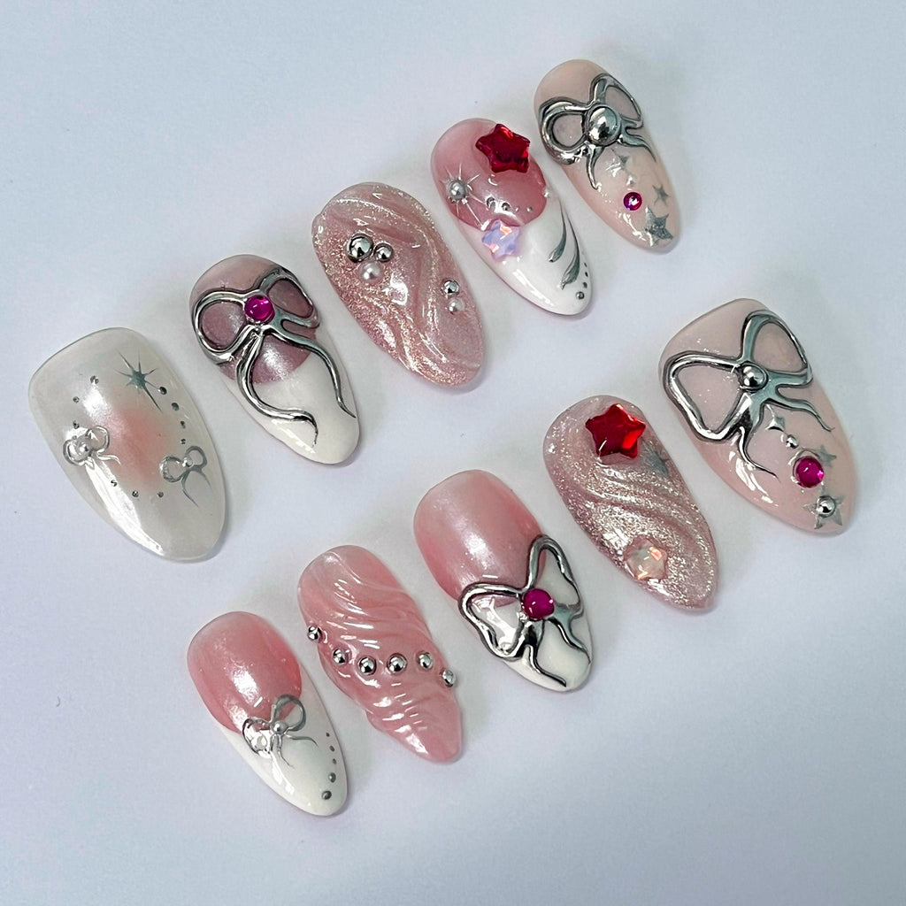 Freestyle 3D Short Almond Press On Nails, Colourful Cute Handpainted Fake Nails, Holiday Birthday Event Nails Art