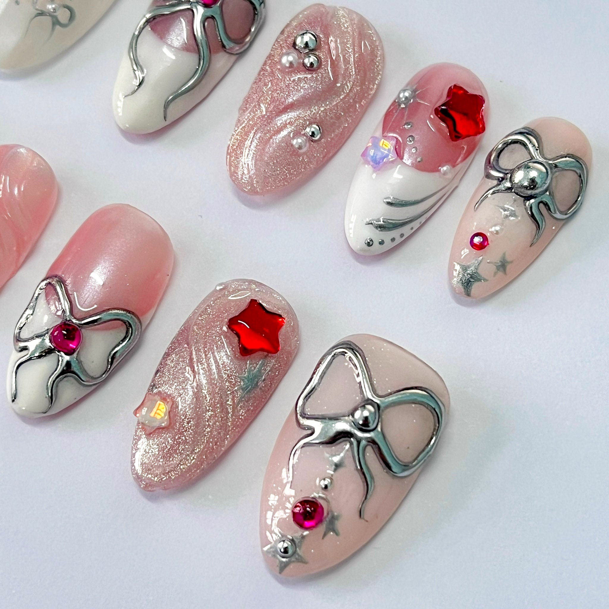Freestyle 3D Short Almond Press On Nails, Colourful Cute Handpainted Fake Nails, Holiday Birthday Event Nails Art