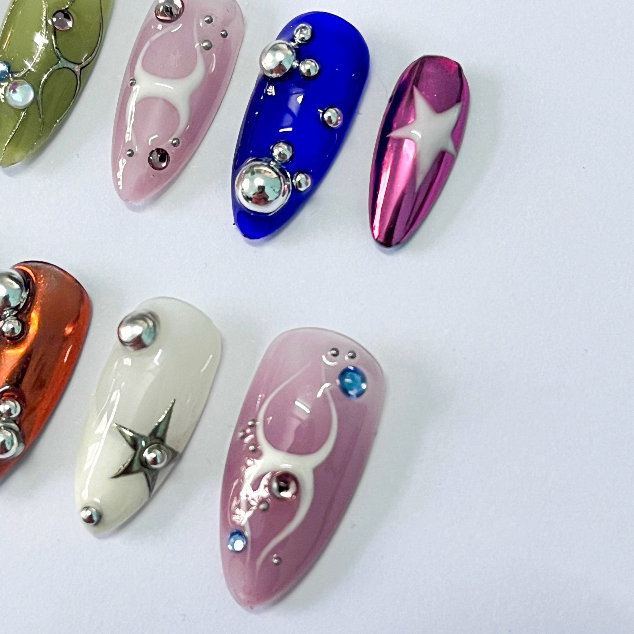 3D Freestyle Almond Goth Press On Nails, Handpainted Luxury Acrylic Gothic Fake Nails, Emo Y2K Style