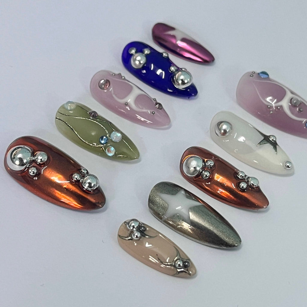 3D Freestyle Almond Goth Press On Nails, Handpainted Luxury Acrylic Gothic Fake Nails, Emo Y2K Style