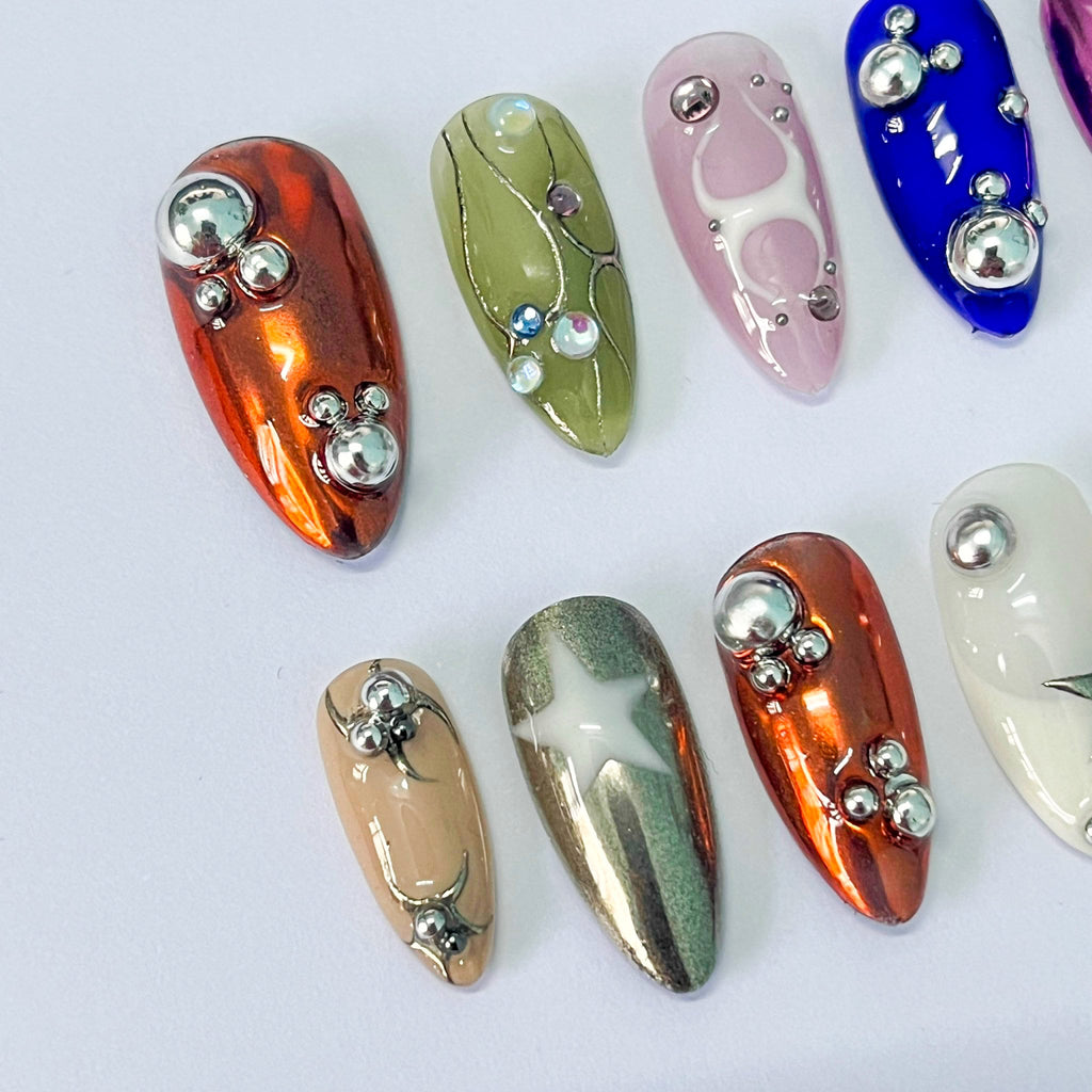 3D Freestyle Almond Goth Press On Nails, Handpainted Luxury Acrylic Gothic Fake Nails, Emo Y2K Style
