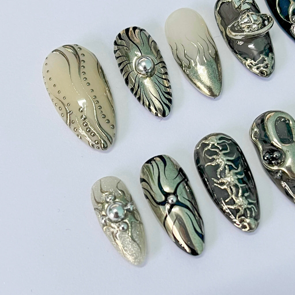 Freestyle 3D Almond Press On Nails, Metallic Chrome Goth Nails Art, Gothic Emo Style Press Ons for Birthday Event Holiday