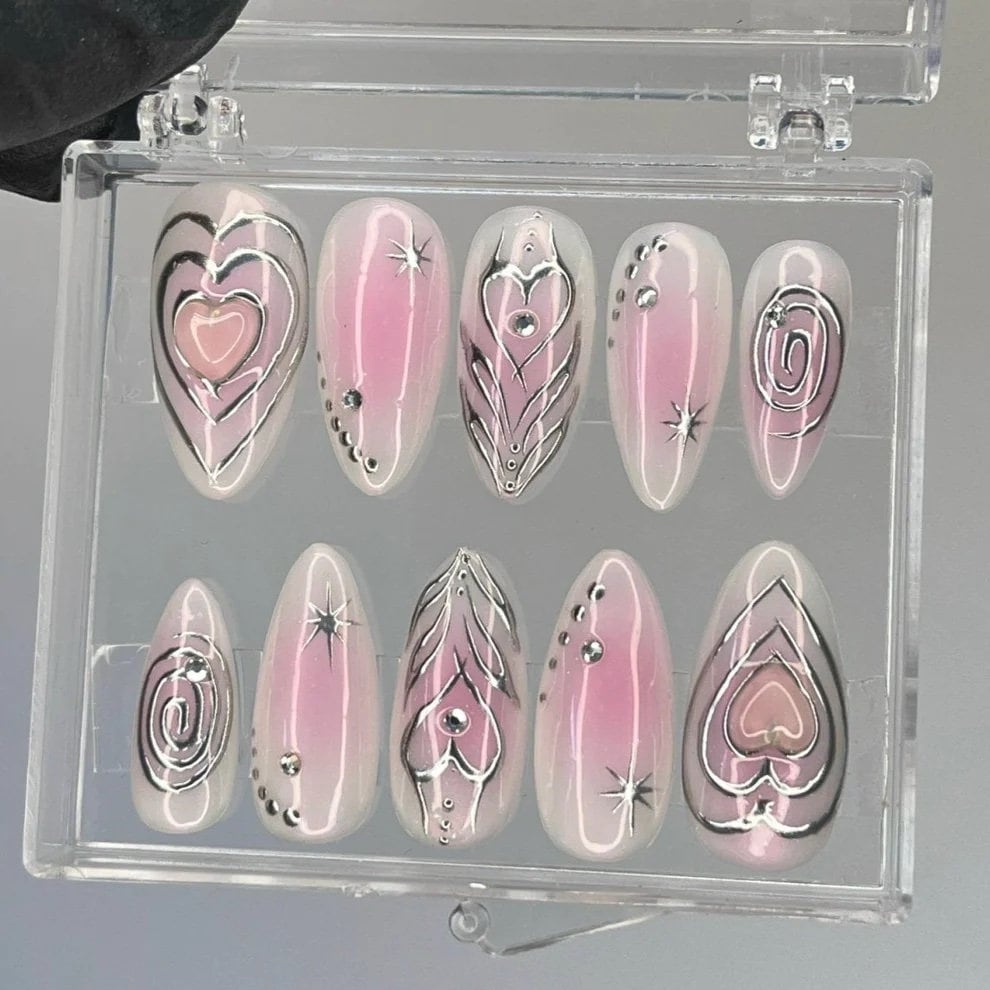 Aura Short Almond Press On Nails, Metallic Silver Fake Nails, Elegant Chrome Nails, Birthday Party Holiday Nails