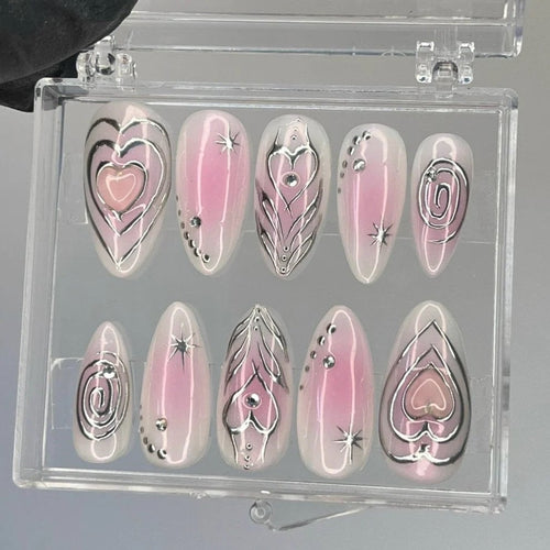 Aura Short Almond Press On Nails, Metallic Silver Fake Nails, Elegant Chrome Nails, Birthday Party Holiday Nails