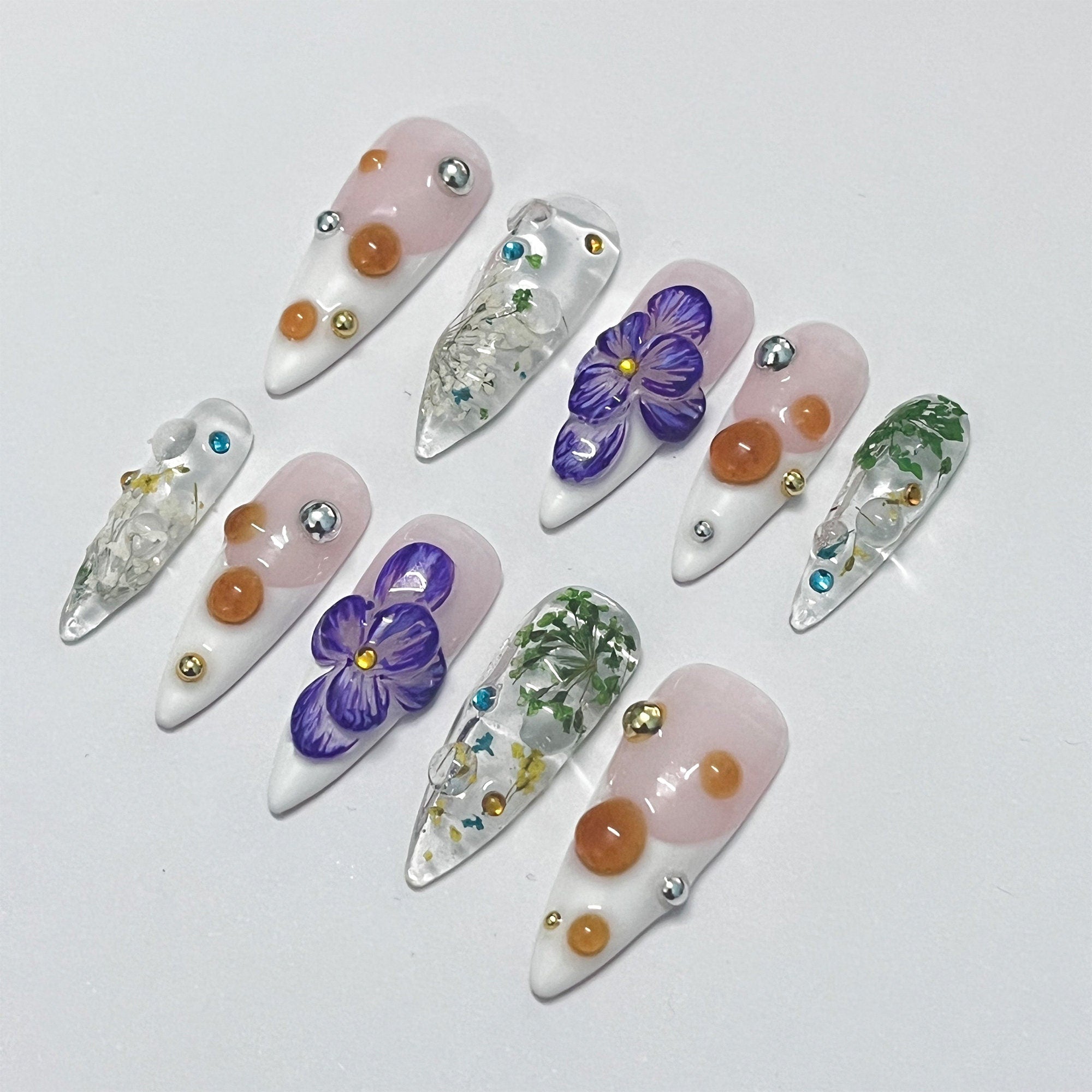 3D Dry Orchard Flower Long Almond Press On Nail, Custom Handpainted Acrylic Spring Fake/False Nail, Floral Nails