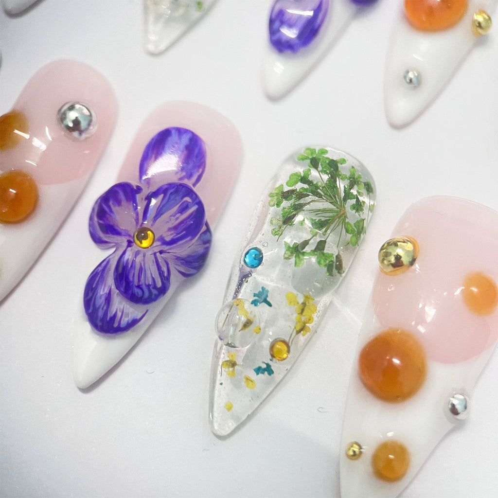 3D Dry Orchard Flower Long Almond Press On Nail, Custom Handpainted Acrylic Spring Fake/False Nail, Floral Nails