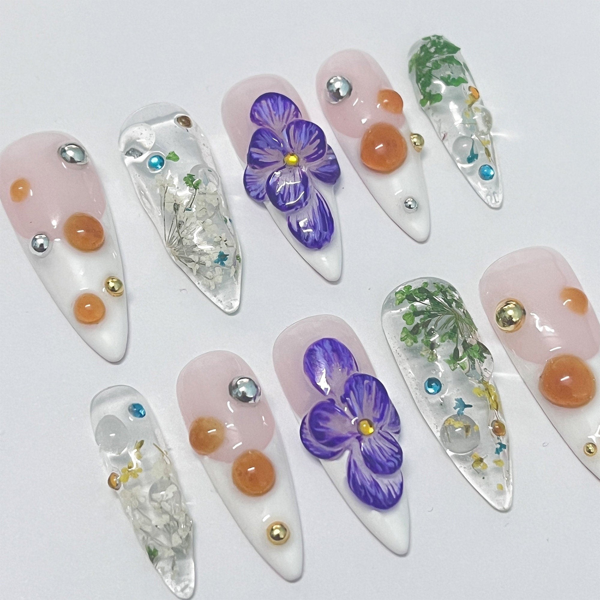 3D Dry Orchard Flower Long Almond Press On Nail, Custom Handpainted Acrylic Spring Fake/False Nail, Floral Nails
