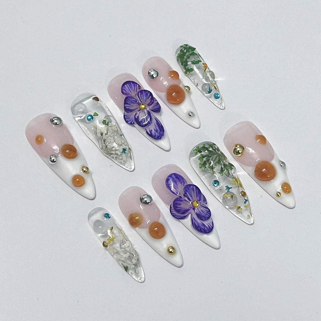 3D Dry Orchard Flower Long Almond Press On Nail, Custom Handpainted Acrylic Spring Fake/False Nail, Floral Nails