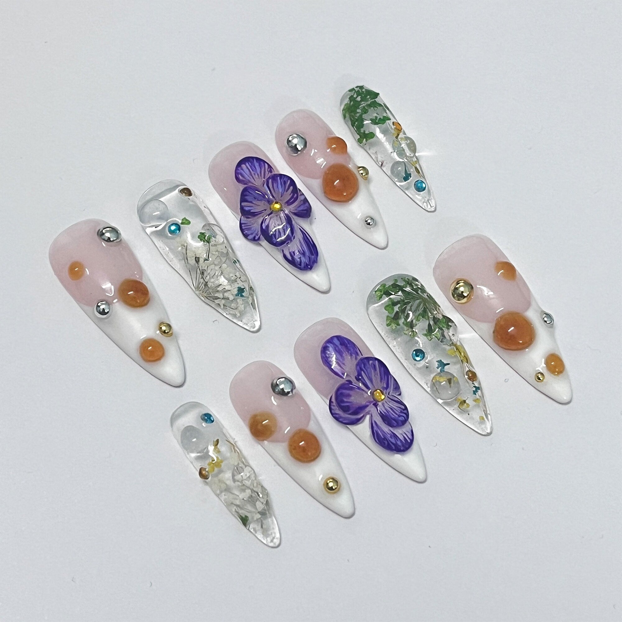 3D Dry Orchard Flower Long Almond Press On Nail, Custom Handpainted Acrylic Spring Fake/False Nail, Floral Nails