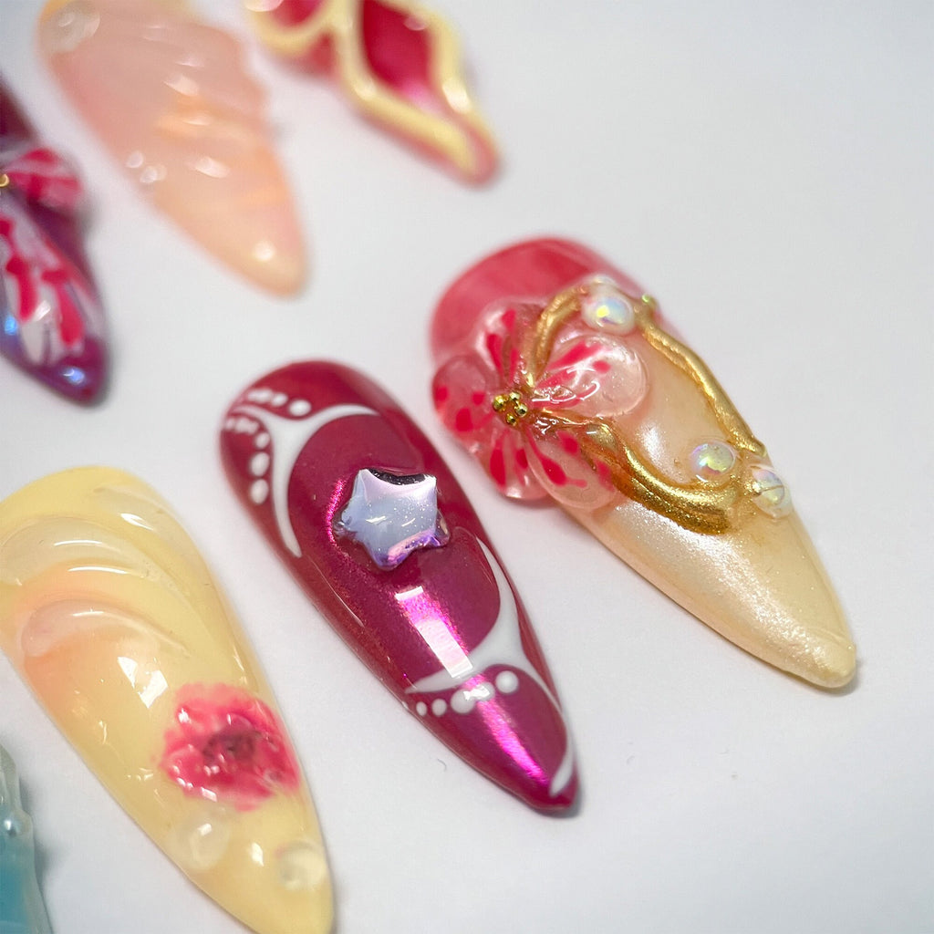 3D Dry Orchard Flower Long Almond Press On Nail, Custom Handpainted Acrylic Spring Fake/False Nail, Floral Nails